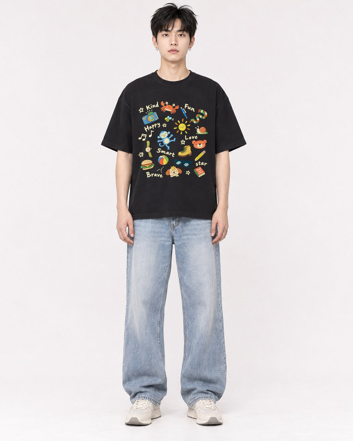 Mockup Boxy Heavyweight Tee Black male full-body 01