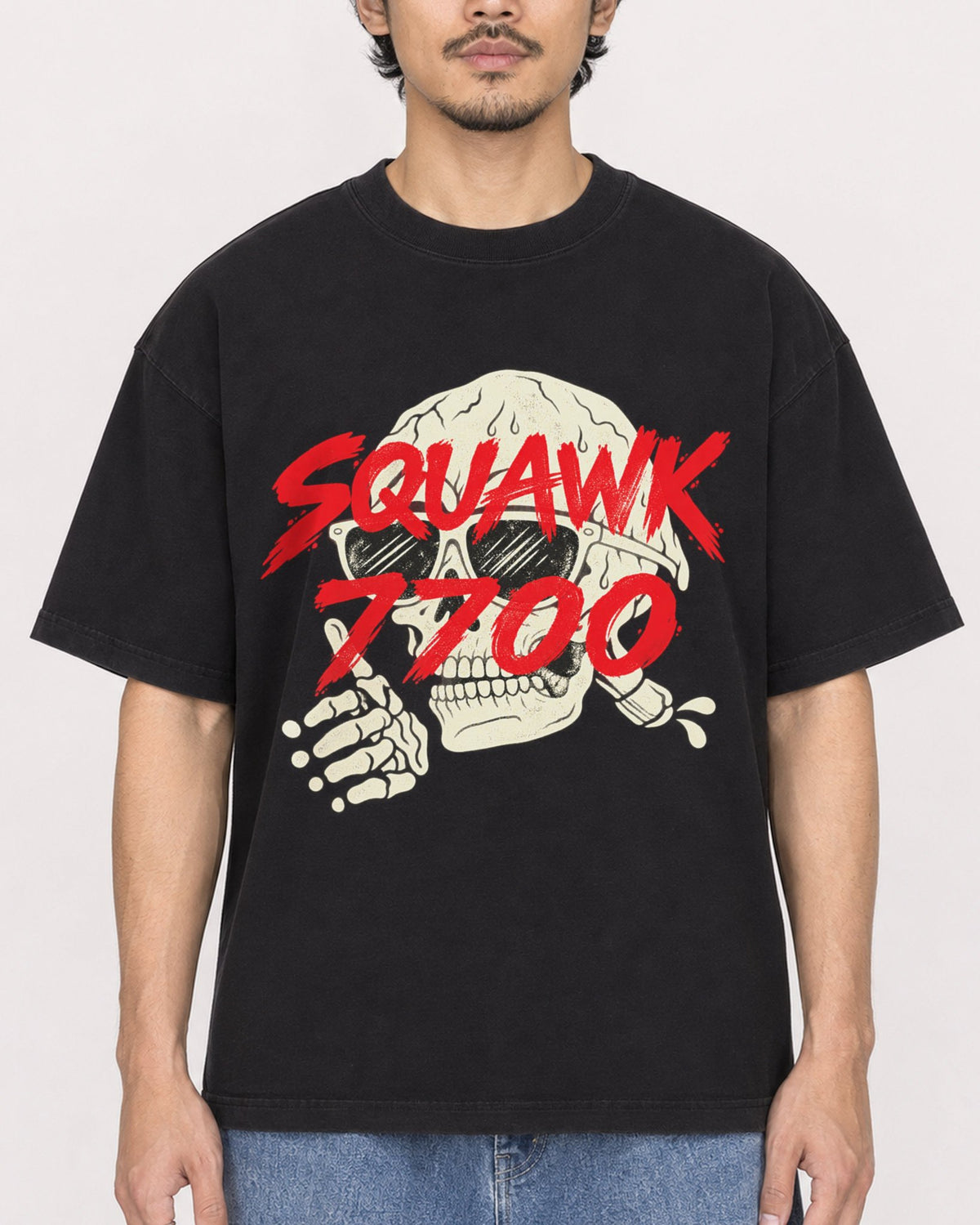 Mockup Boxy Heavyweight Tee Black male close-up 02