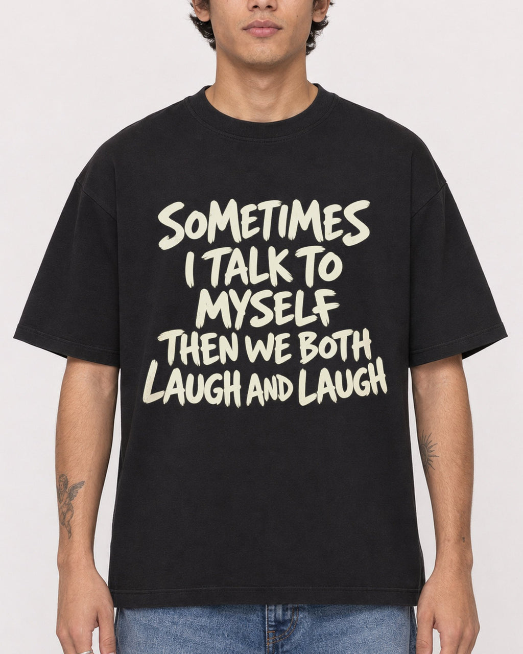 Mockup Boxy Heavyweight Tee Black male close-up 06