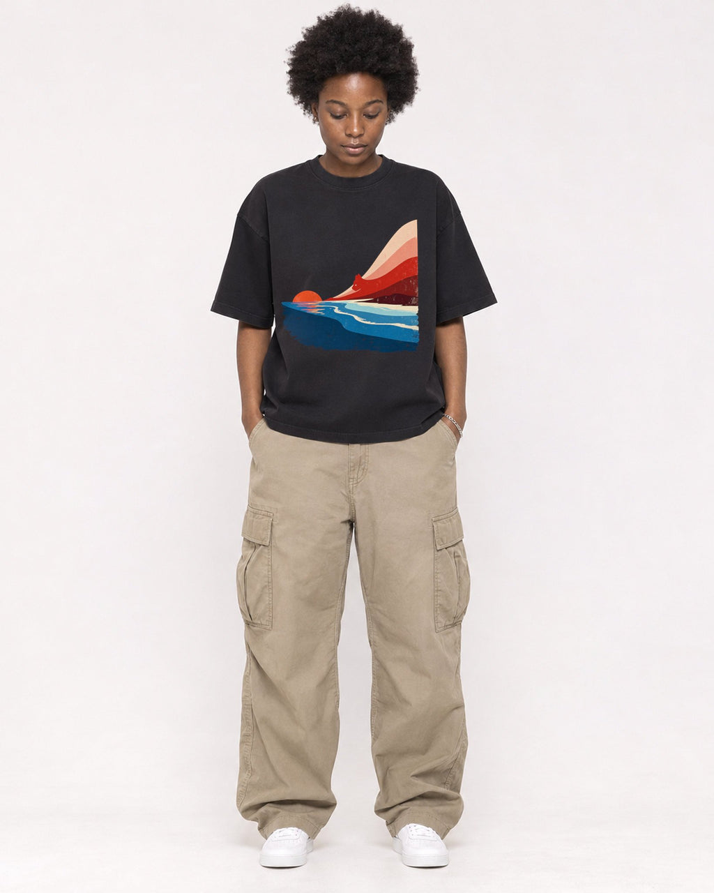 Mockup Boxy Heavyweight Tee Black female full-body 14