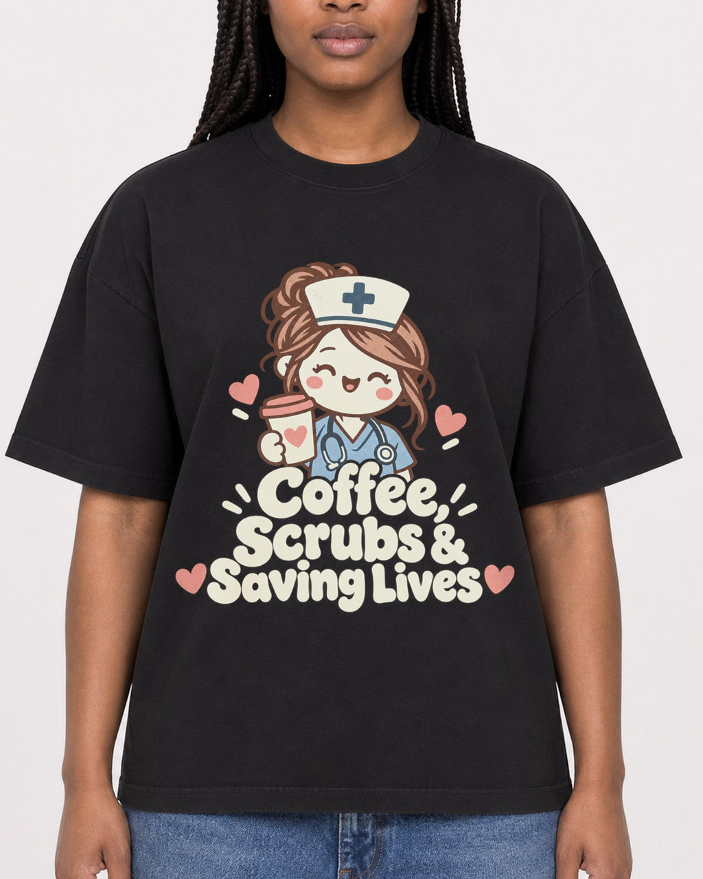 Mockup Boxy Heavyweight Tee Black female close-up 04