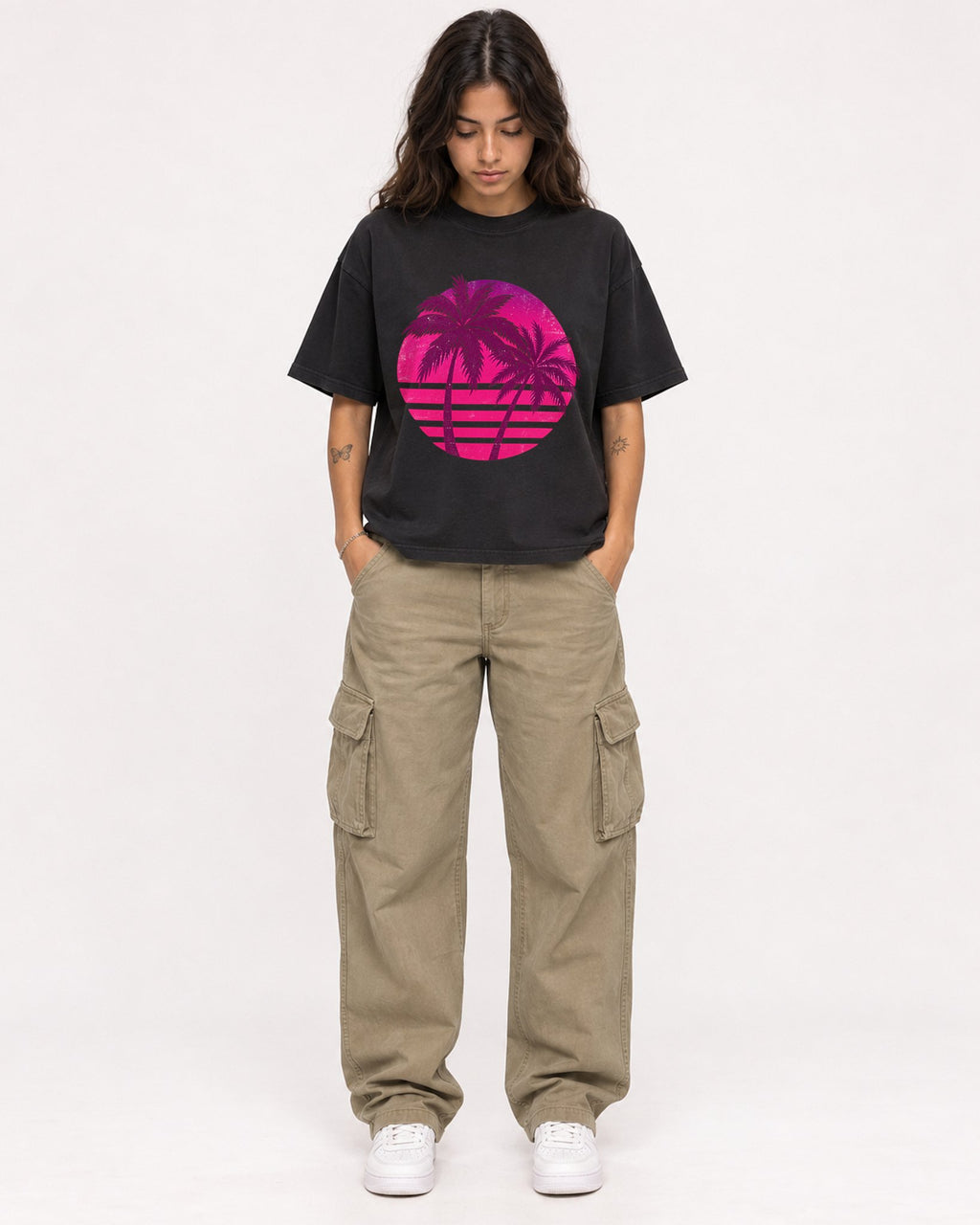 Mockup Boxy Heavyweight Tee Black female full-body 06