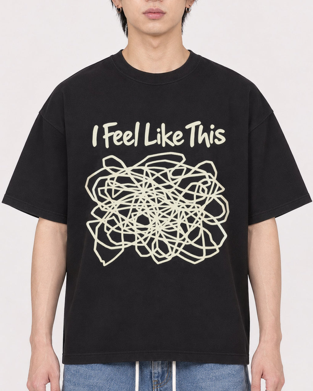 Mockup Boxy Heavyweight Tee Black male close-up 11