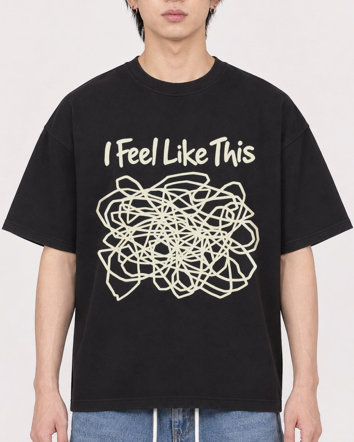 Mockup Boxy Heavyweight Tee Black male close-up 11
