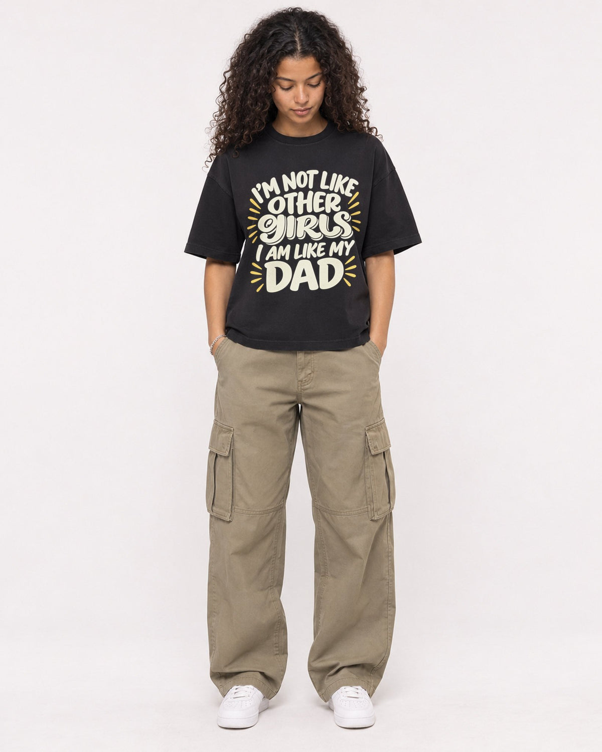 Mockup Boxy Heavyweight Tee Black female full-body 10