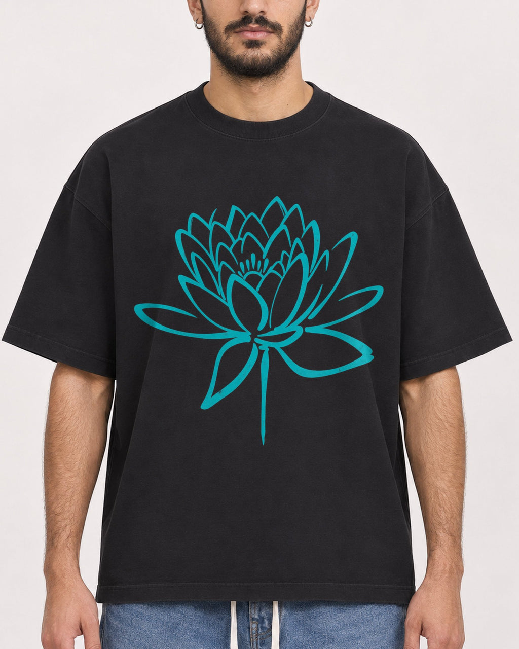 Mockup Boxy Heavyweight Tee Black male close-up 07