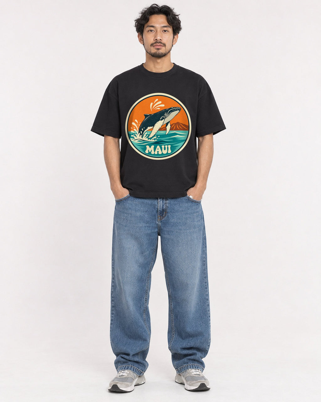 Mockup Boxy Heavyweight Tee Black male full-body 02