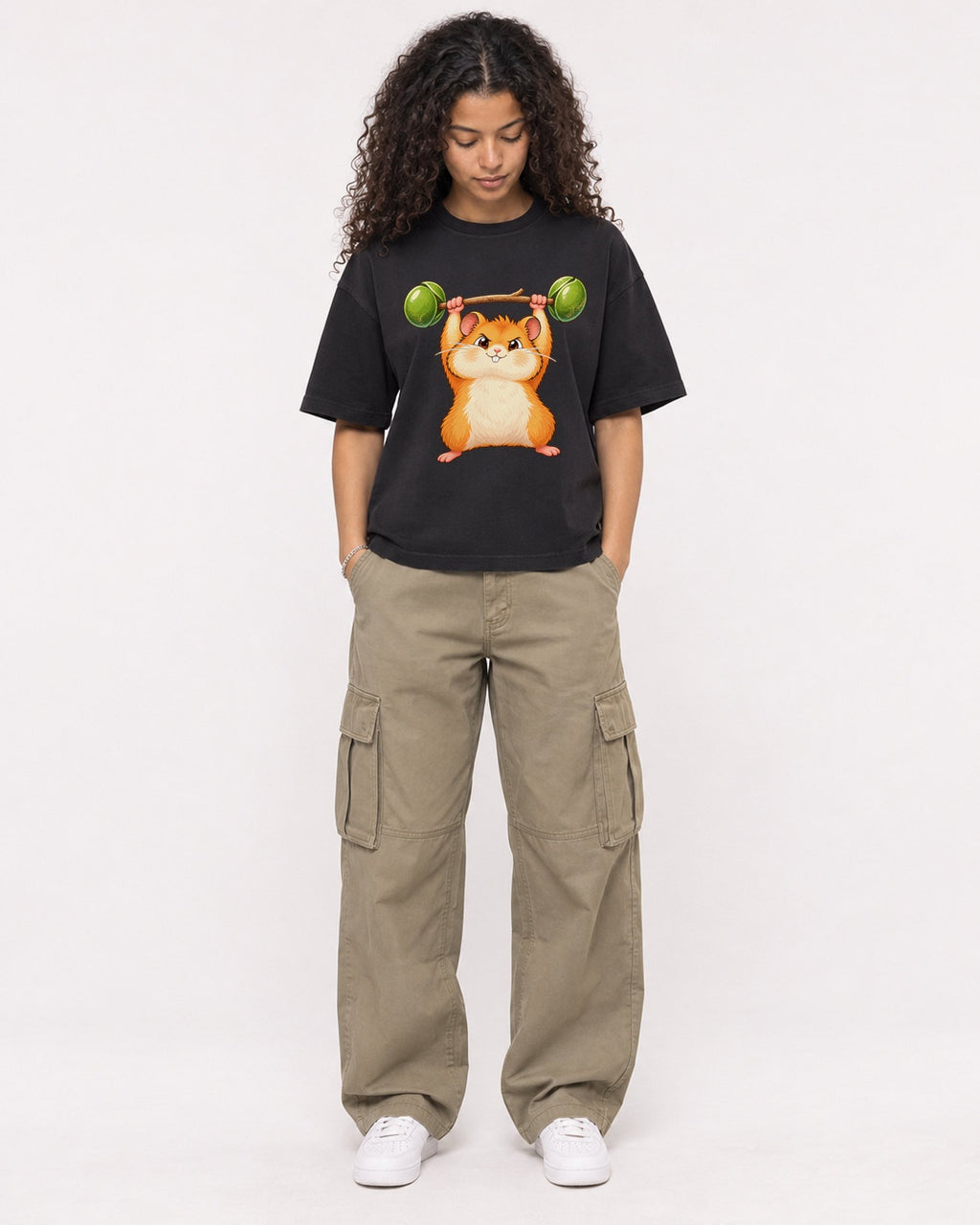 Mockup Boxy Heavyweight Tee Black female full-body 10