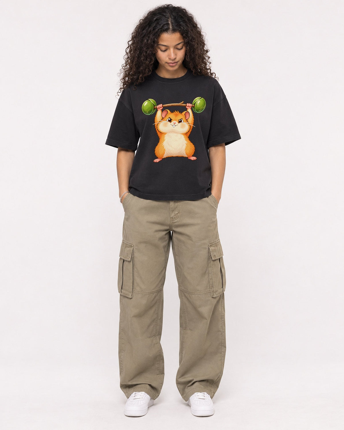 Mockup Boxy Heavyweight Tee Black female full-body 10
