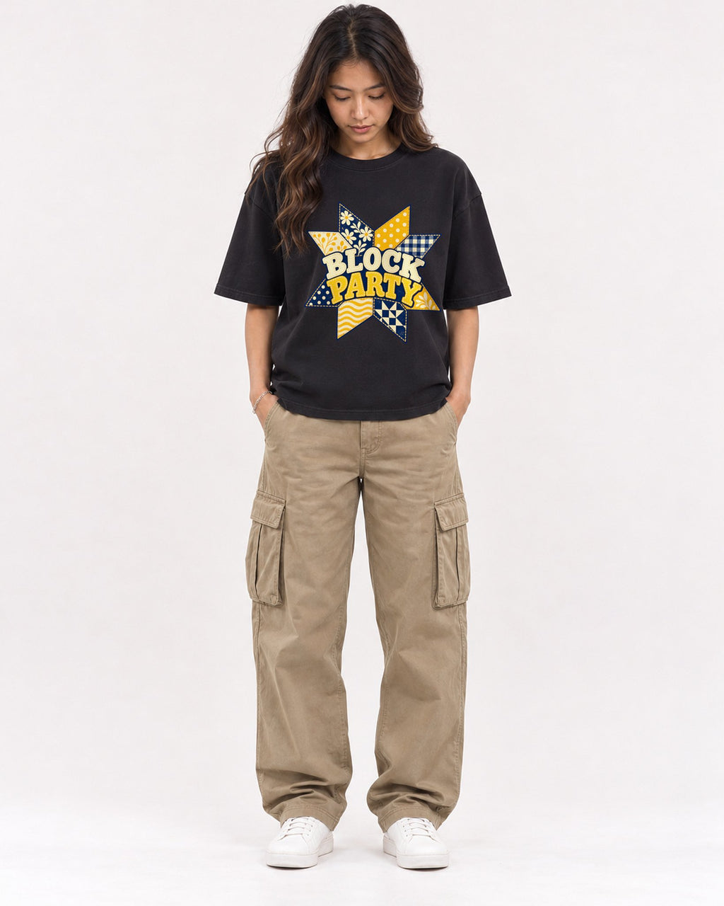 Mockup Boxy Heavyweight Tee Black female full-body 02