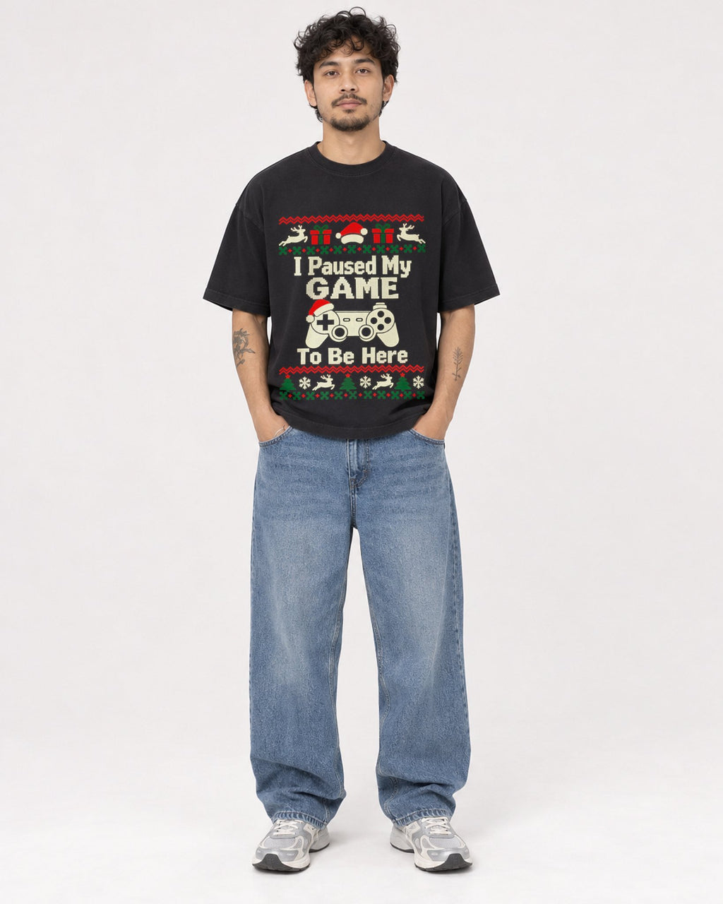 Mockup Boxy Heavyweight Tee Black male full-body 42