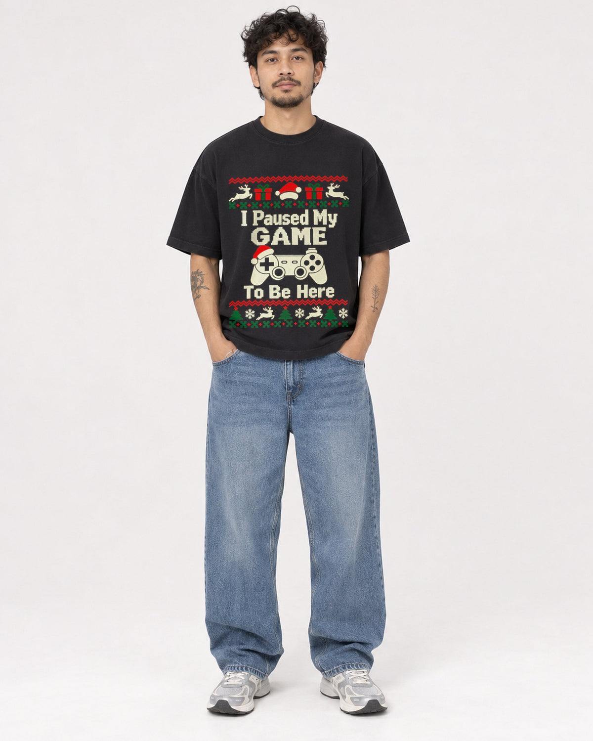 Mockup Boxy Heavyweight Tee Black male full-body 42
