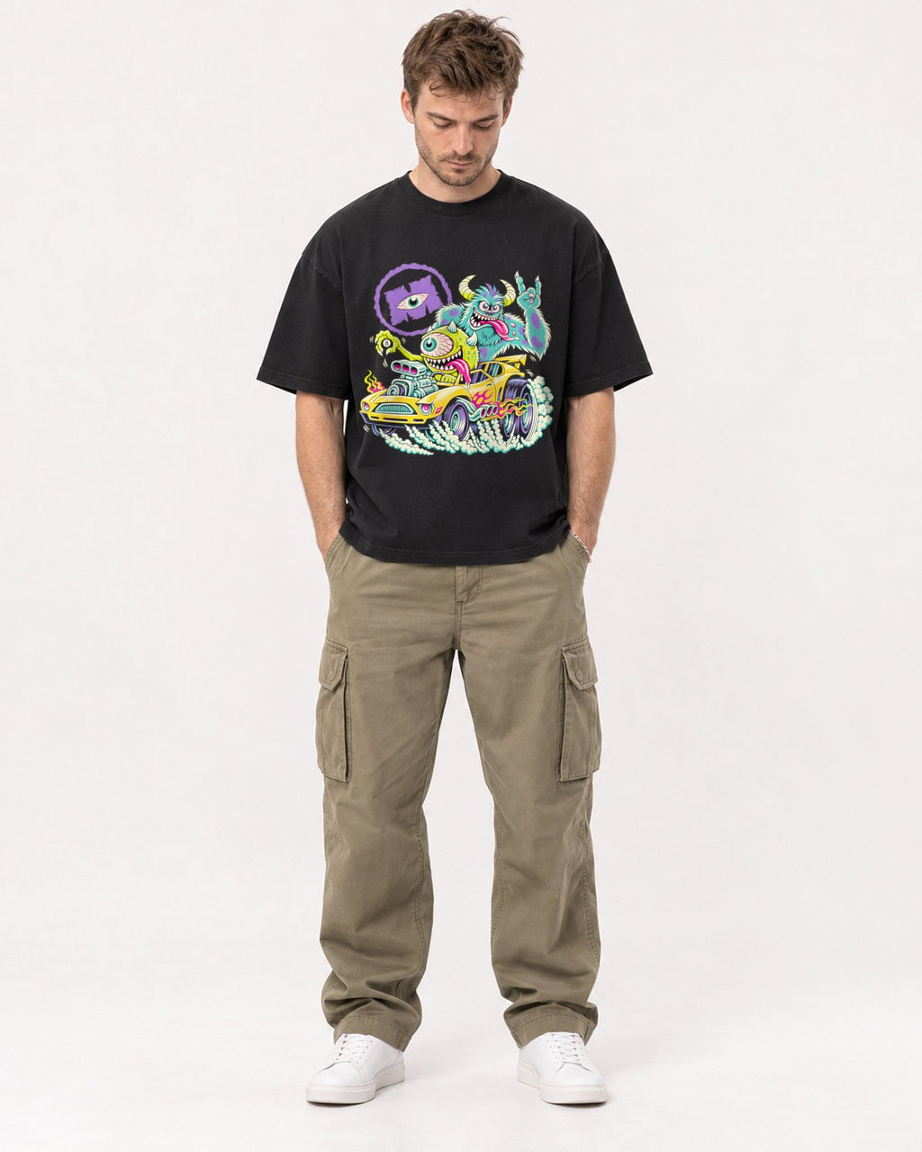 Mockup Boxy Heavyweight Tee Black male full-body 08
