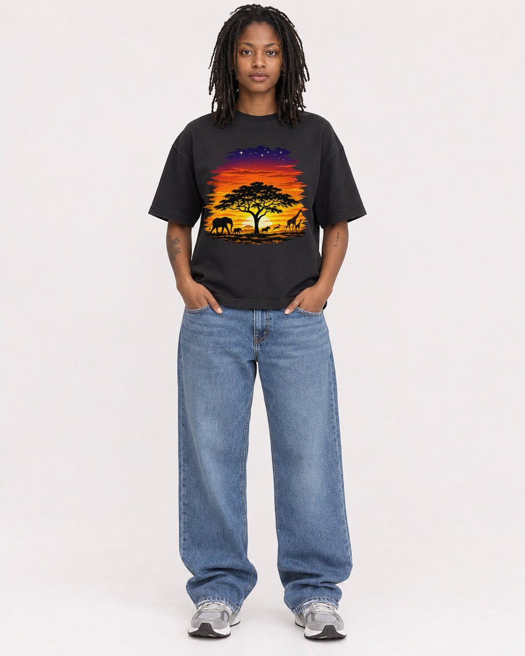 Mockup Boxy Heavyweight Tee Black female full-body 24