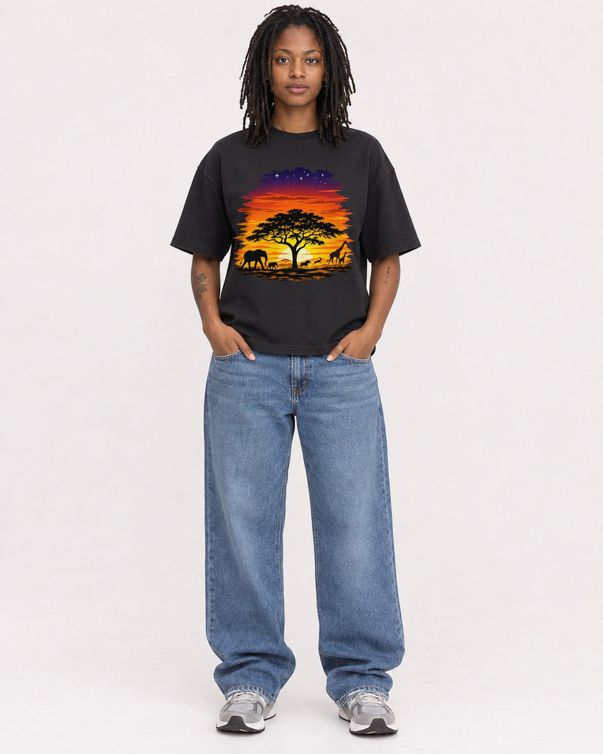 Mockup Boxy Heavyweight Tee Black female full-body 24