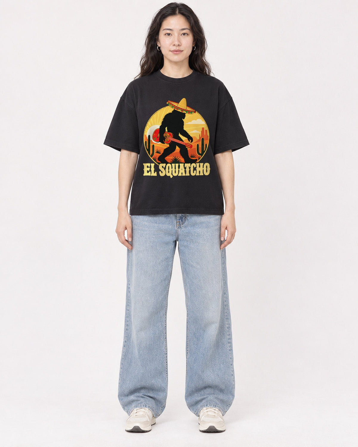 Mockup Boxy Heavyweight Tee Black female full-body 03
