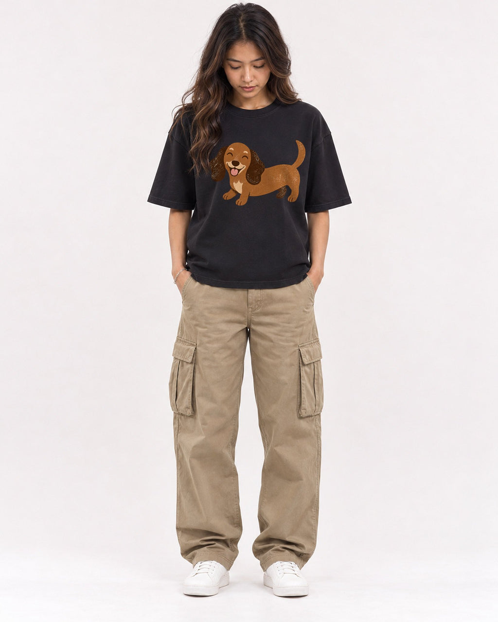 Mockup Boxy Heavyweight Tee Black female full-body 02