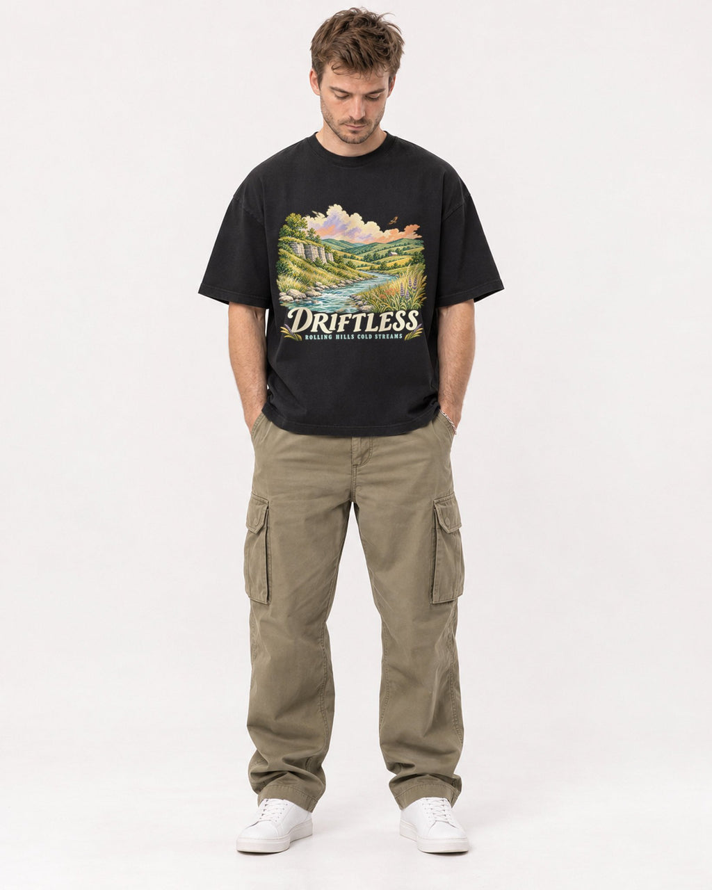 Mockup Boxy Heavyweight Tee Black male full-body 08