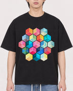 Mockup Boxy Heavyweight Tee Black male close-up 11
