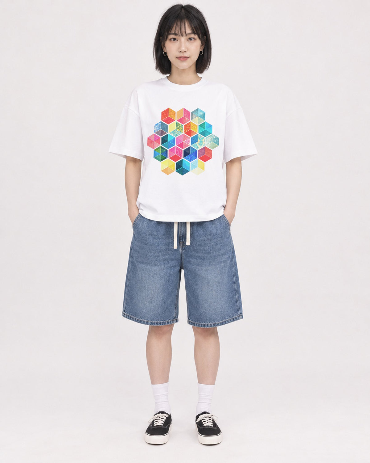 Mockup Boxy Heavyweight Tee White female full-body 11