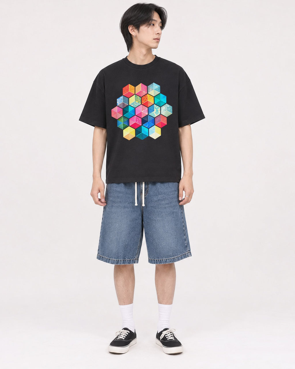 Mockup Boxy Heavyweight Tee Black male full-body 11