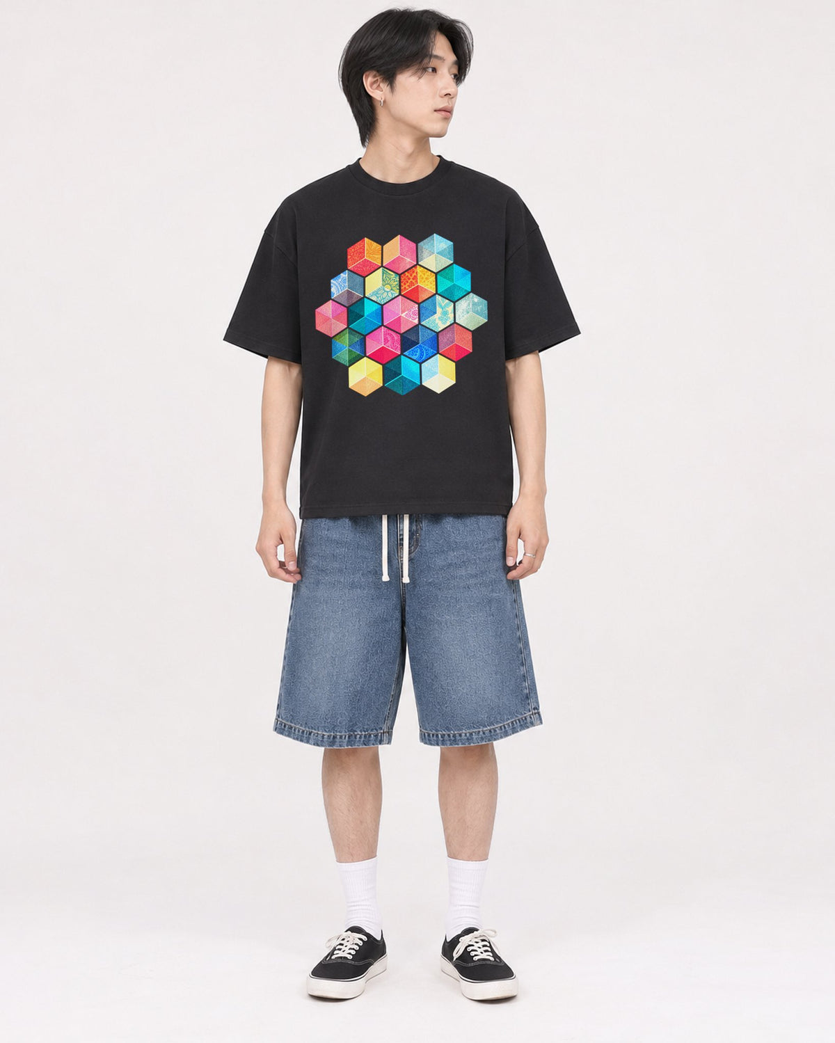 Mockup Boxy Heavyweight Tee Black male full-body 11