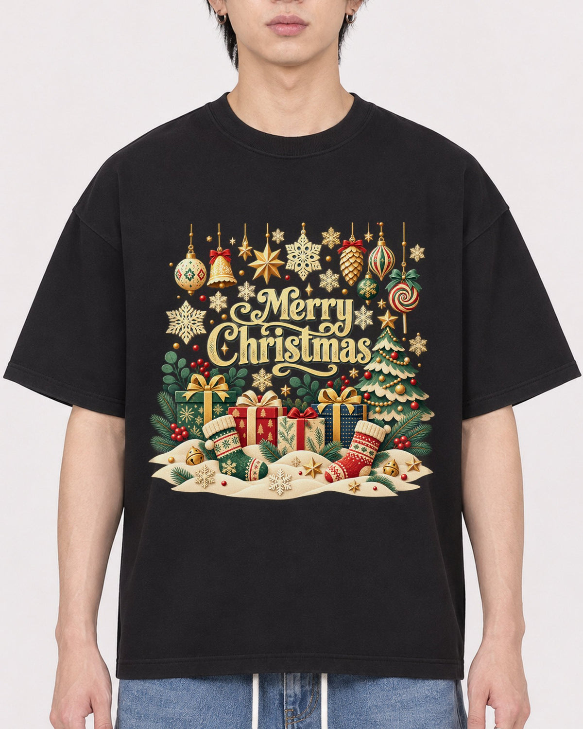 Mockup Boxy Heavyweight Tee Black male close-up 11