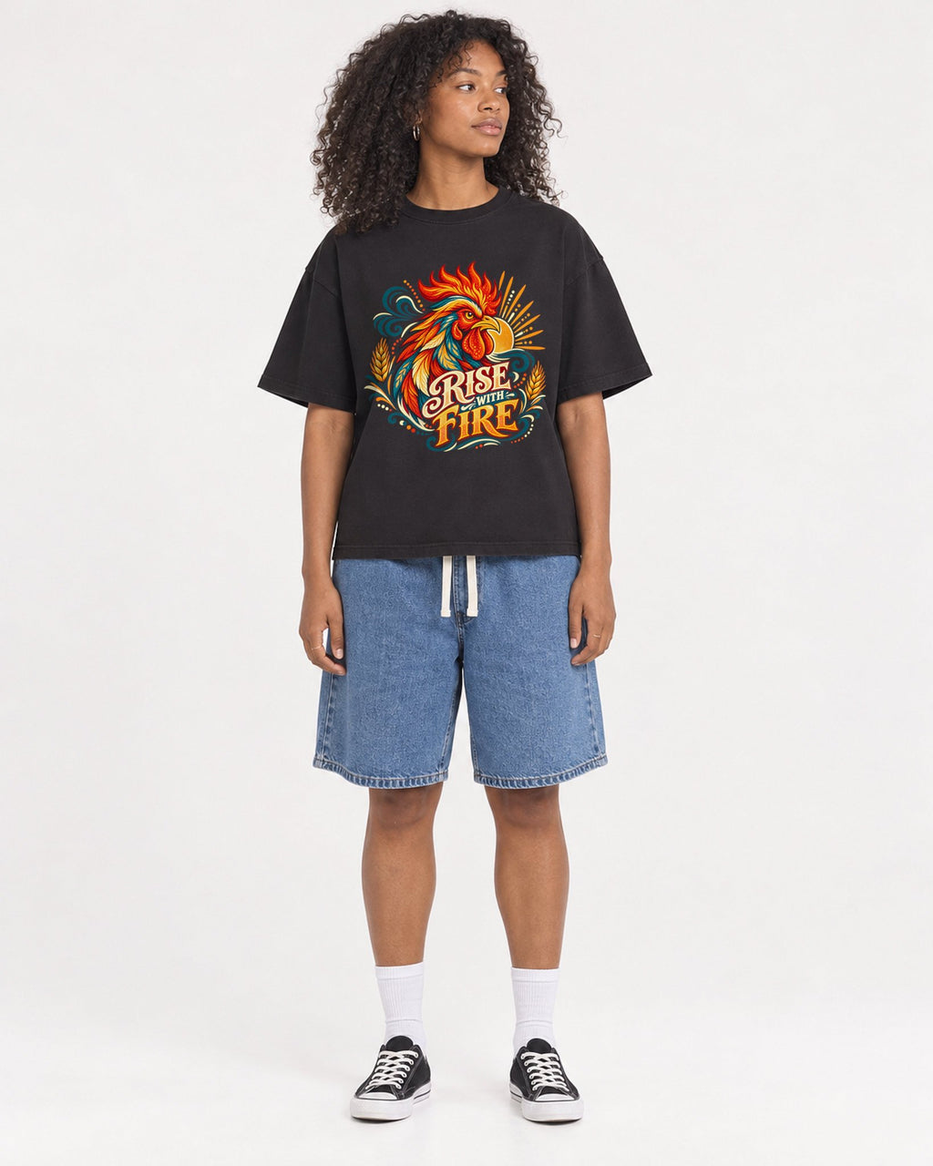 Mockup Boxy Heavyweight Tee Black female full-body 05