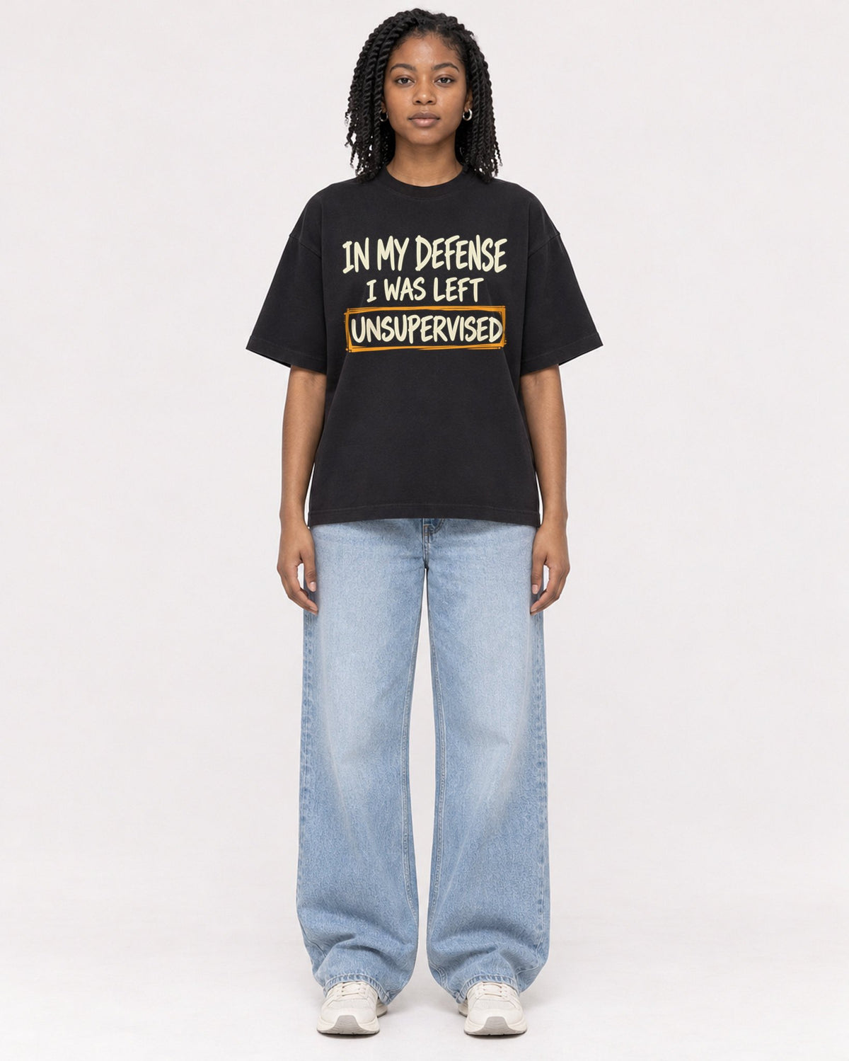 Mockup Boxy Heavyweight Tee Black female full-body 15