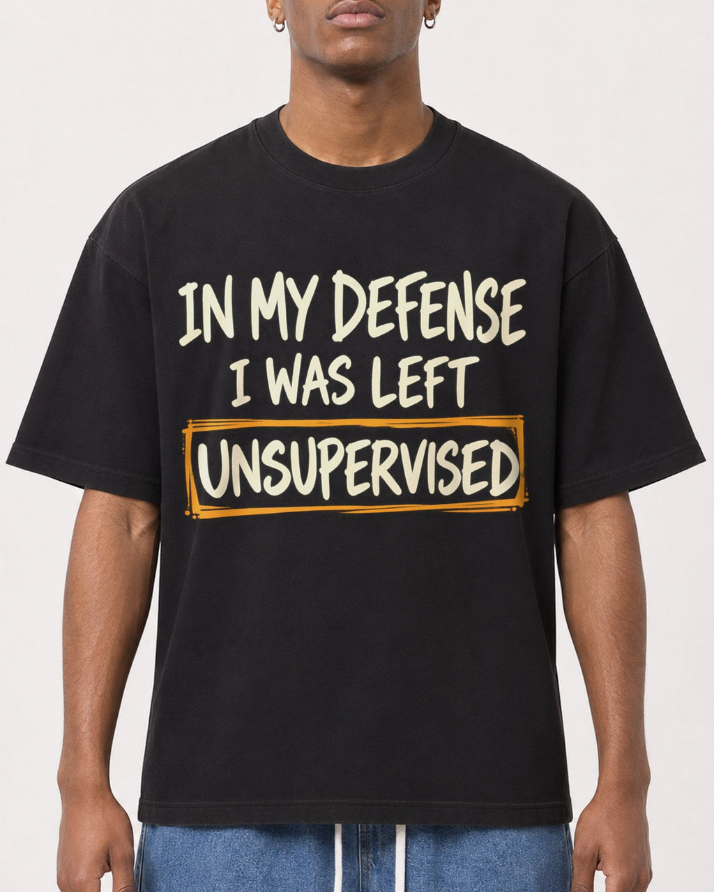 Mockup Boxy Heavyweight Tee Black male close-up 15