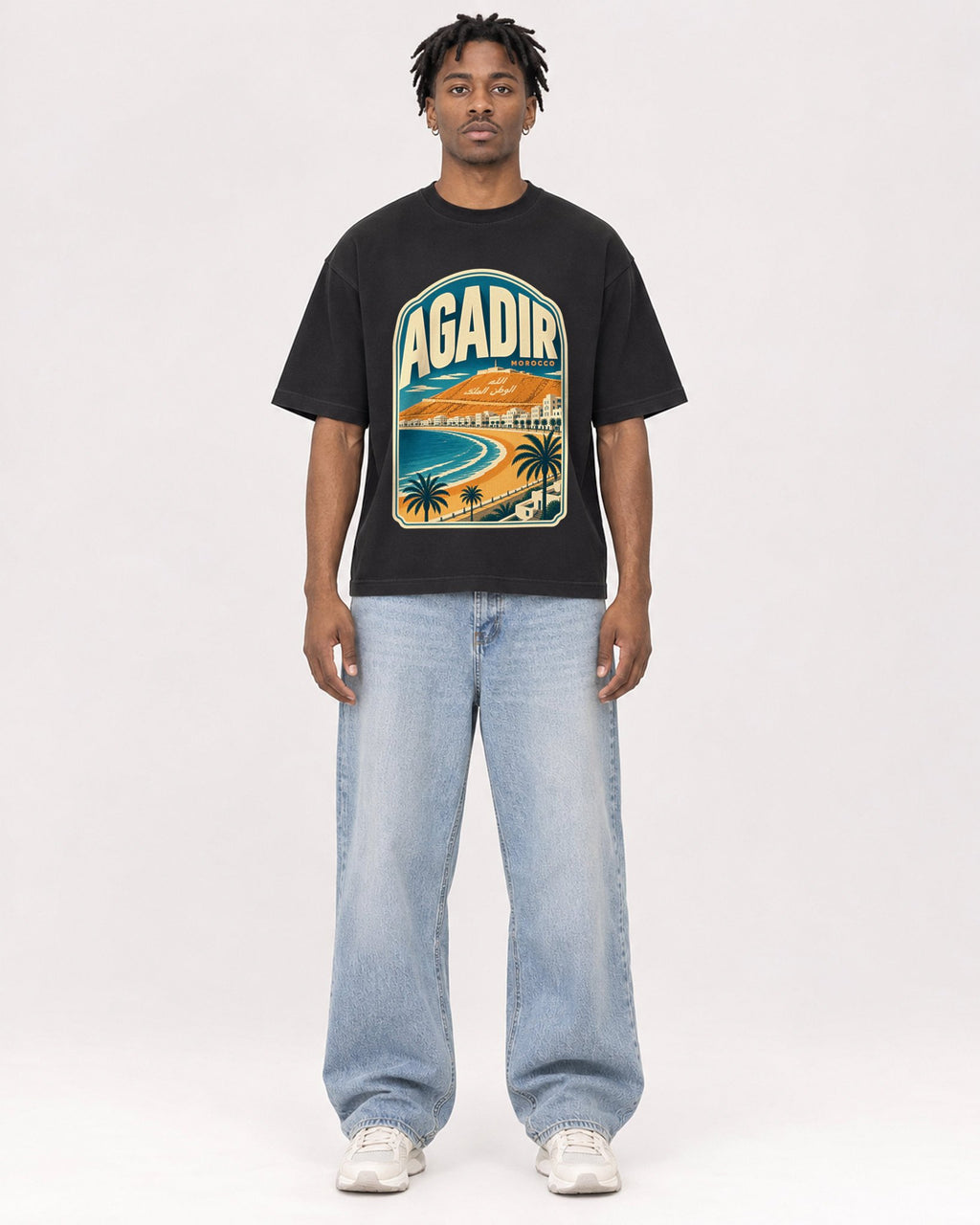 Mockup Boxy Heavyweight Tee Black male full-body 05