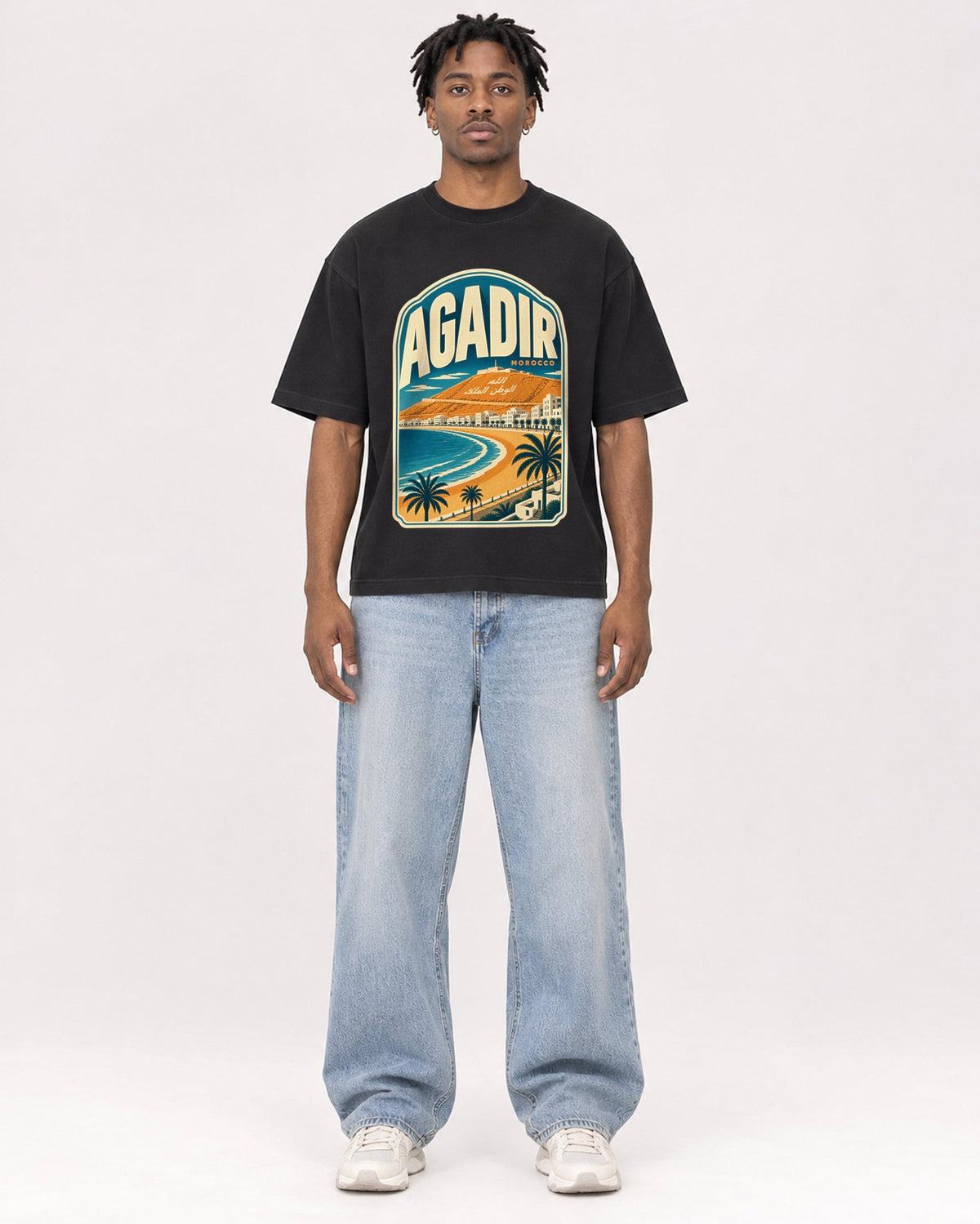 Mockup Boxy Heavyweight Tee Black male full-body 05