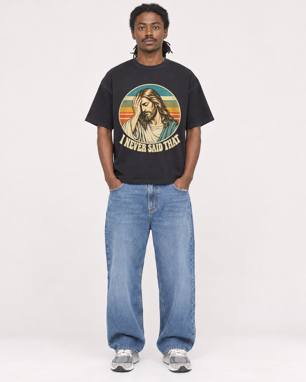 Mockup Boxy Heavyweight Tee Black male full-body 34