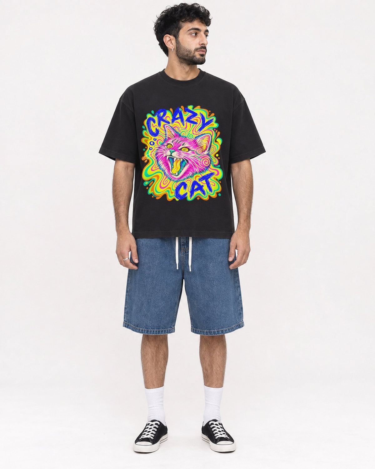 Mockup Boxy Heavyweight Tee Black male full-body 07