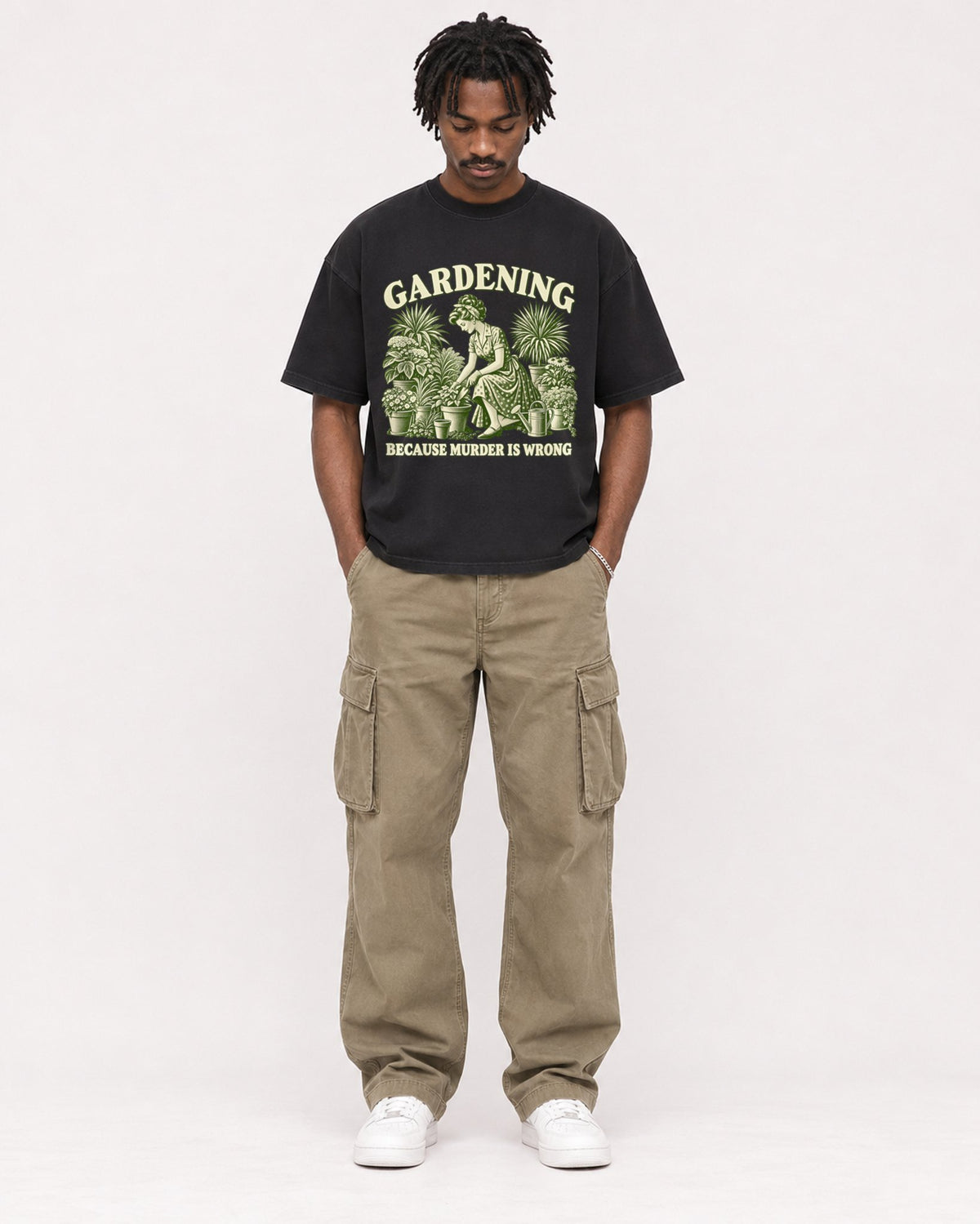 Mockup Boxy Heavyweight Tee Black male full-body 04