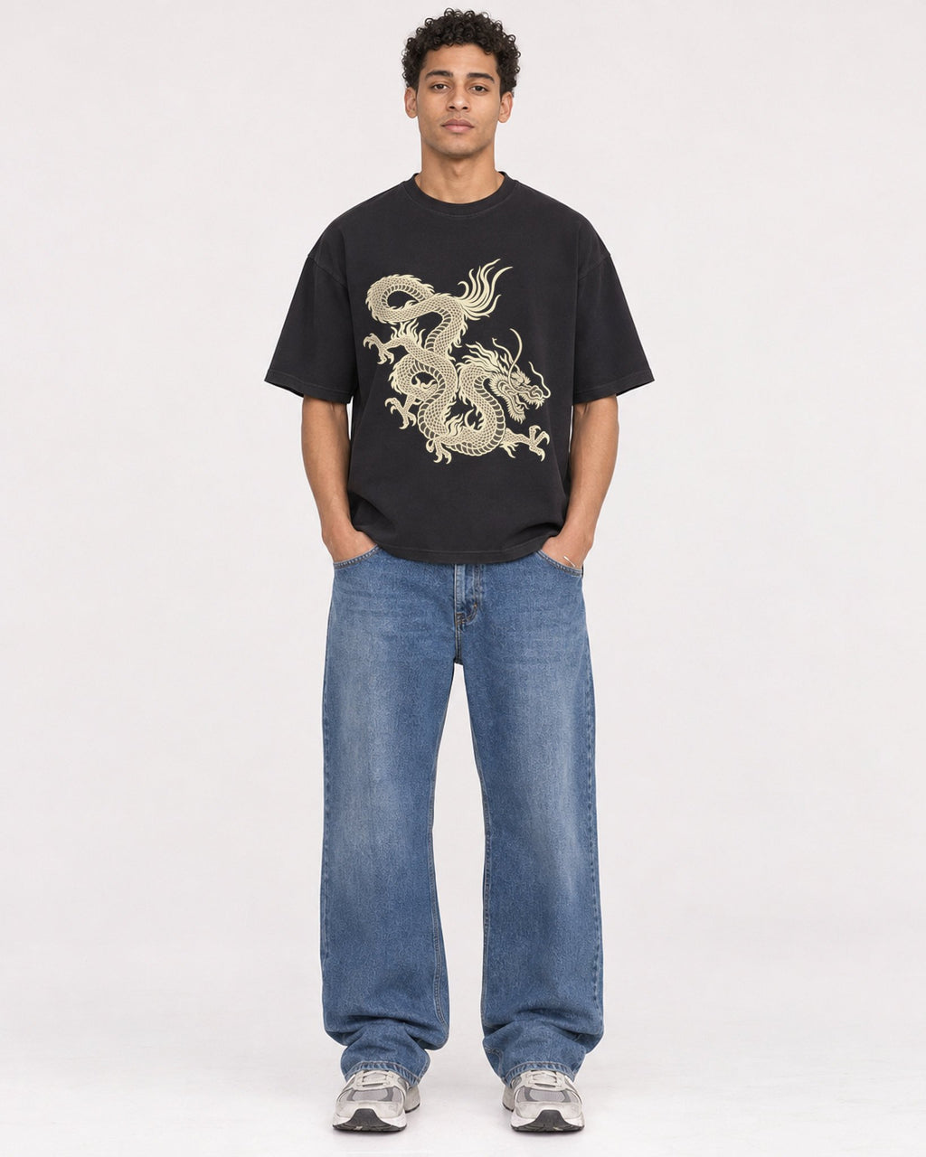 Mockup Boxy Heavyweight Tee Black male full-body 10
