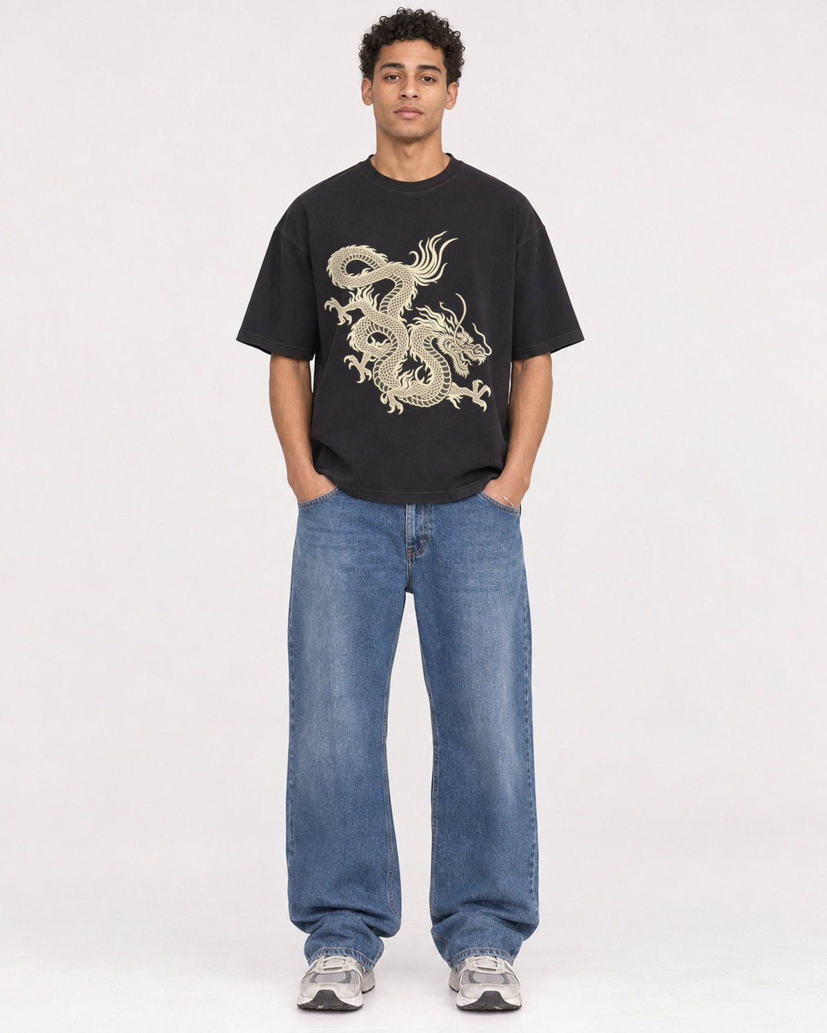 Mockup Boxy Heavyweight Tee Black male full-body 10