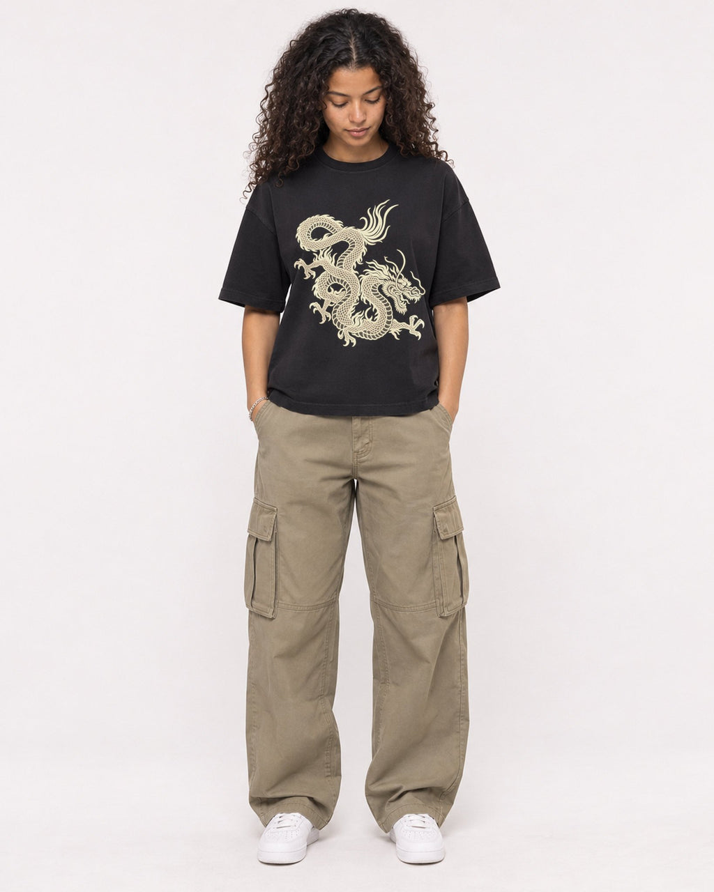 Mockup Boxy Heavyweight Tee Black female full-body 10