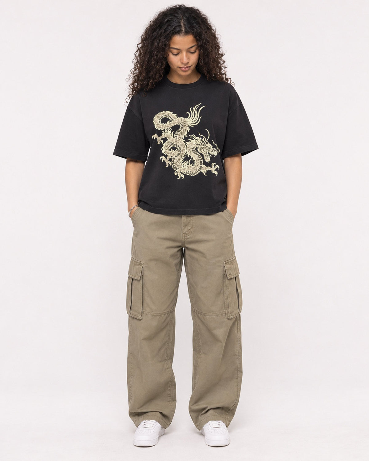 Mockup Boxy Heavyweight Tee Black female full-body 10