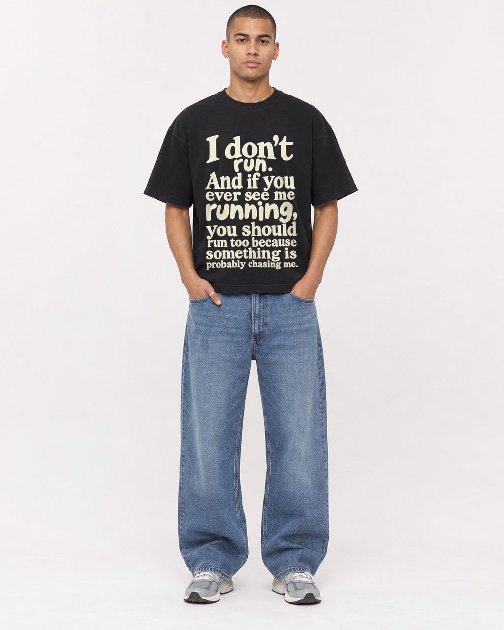 Mockup Boxy Heavyweight Tee Black male full-body 50