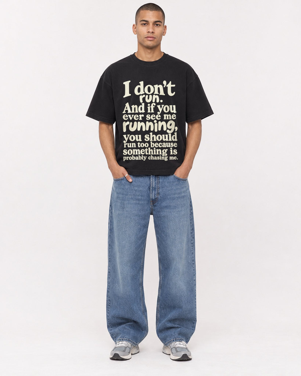 Mockup Boxy Heavyweight Tee Black male full-body 50