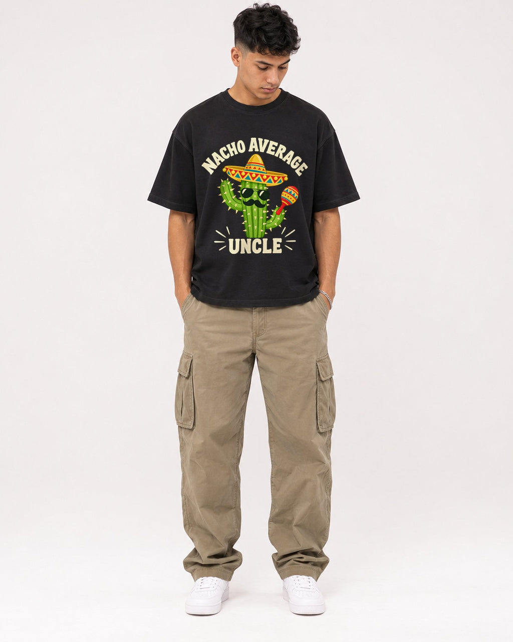 Mockup Boxy Heavyweight Tee Black male full-body 16