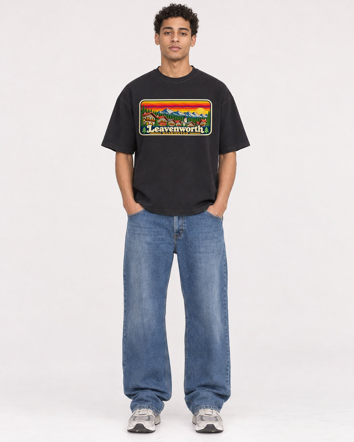 Mockup Boxy Heavyweight Tee Black male full-body 10