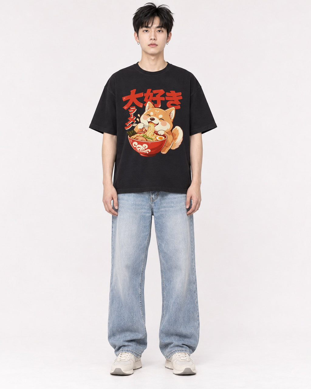 Mockup Boxy Heavyweight Tee Black male full-body 01