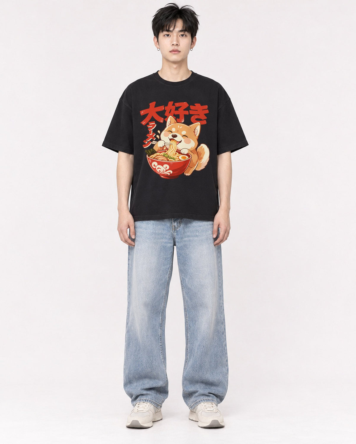 Mockup Boxy Heavyweight Tee Black male full-body 01