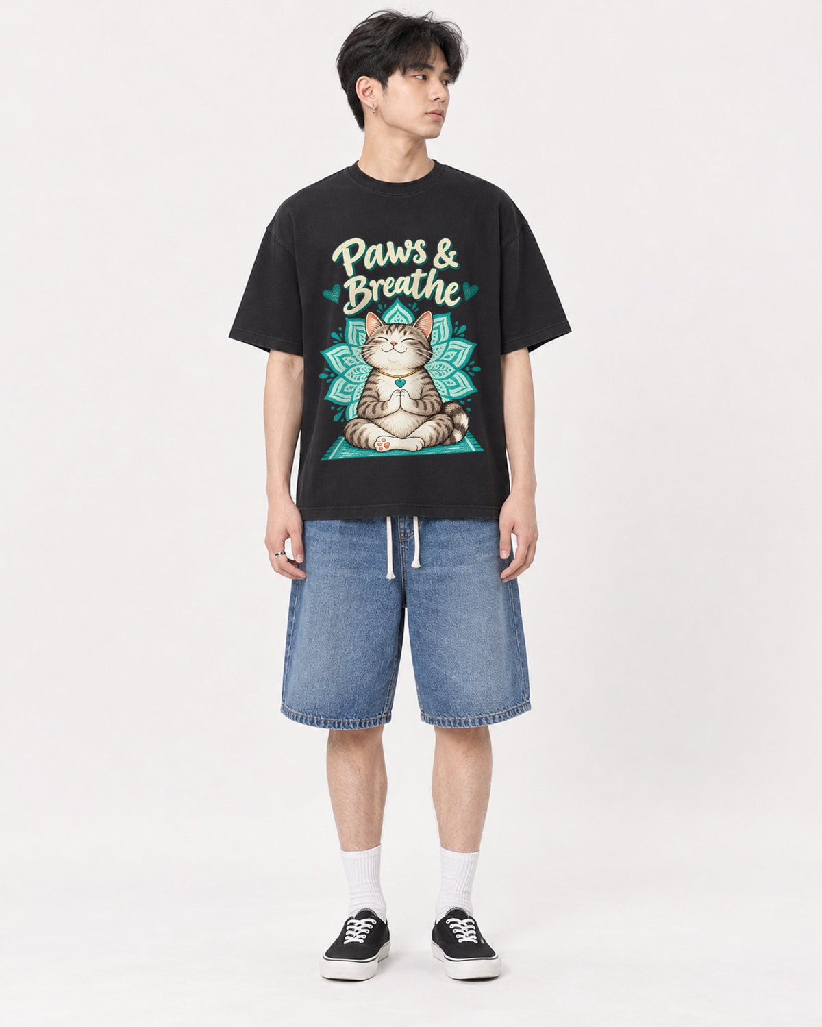 Mockup Boxy Heavyweight Tee Black male full-body 31