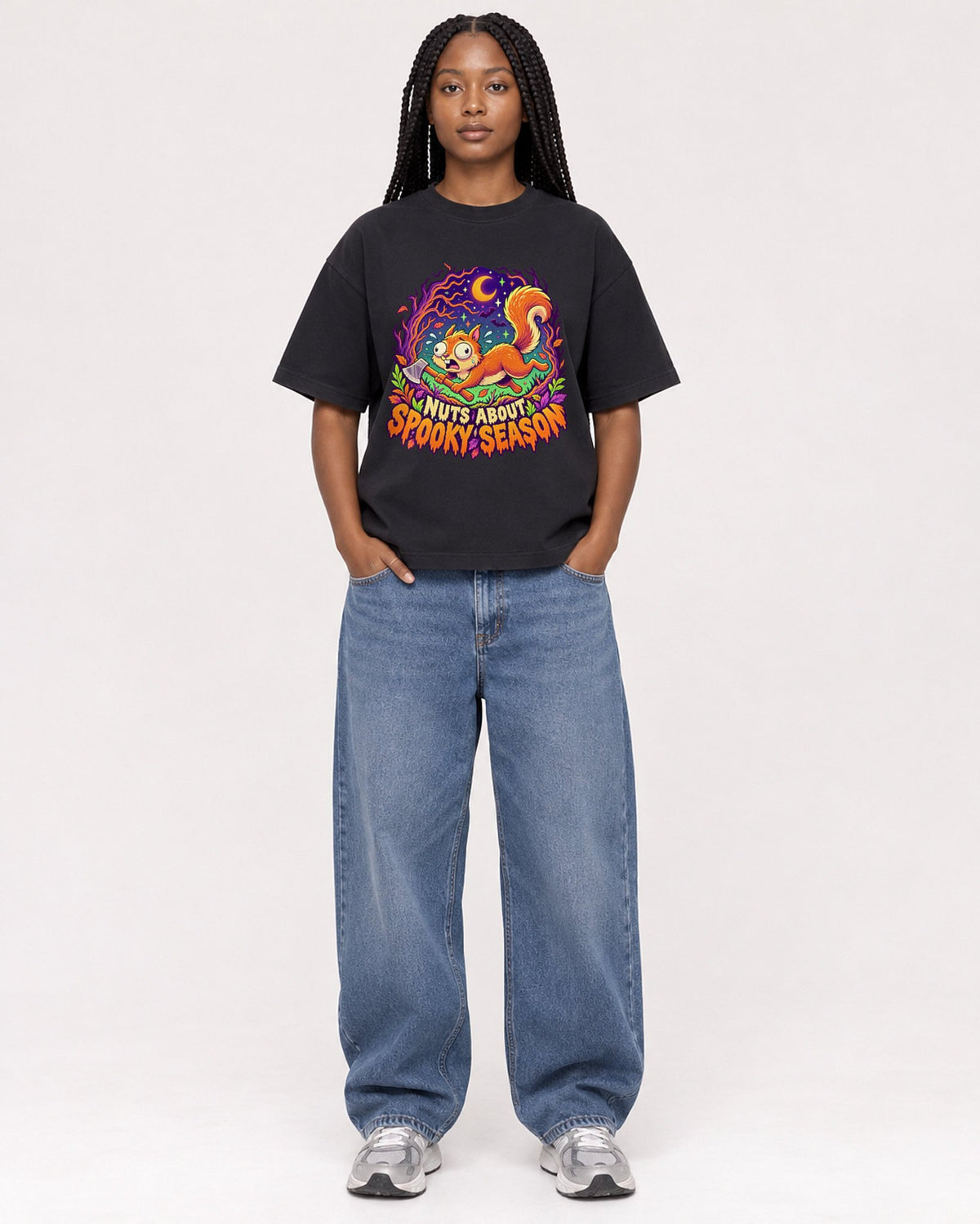 Mockup Boxy Heavyweight Tee Black female full-body 04