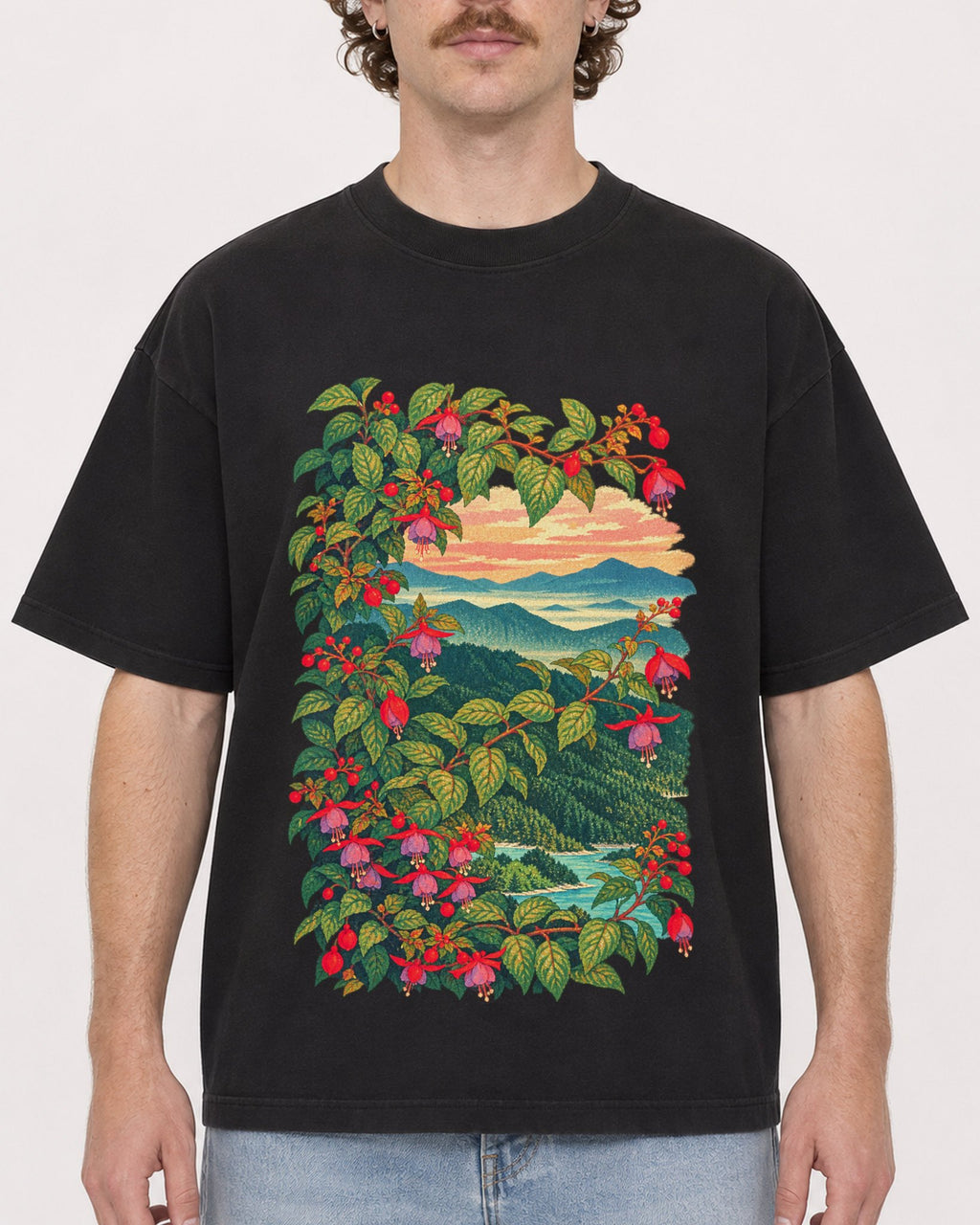 Mockup Boxy Heavyweight Tee Black male close-up 09