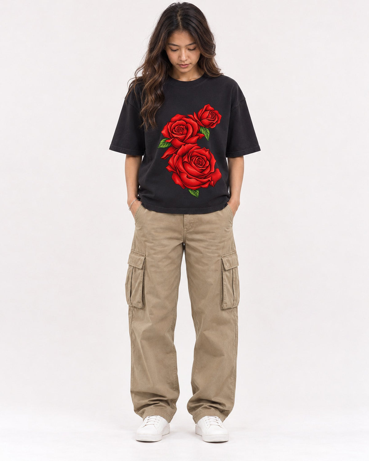 Mockup Boxy Heavyweight Tee Black female full-body 02