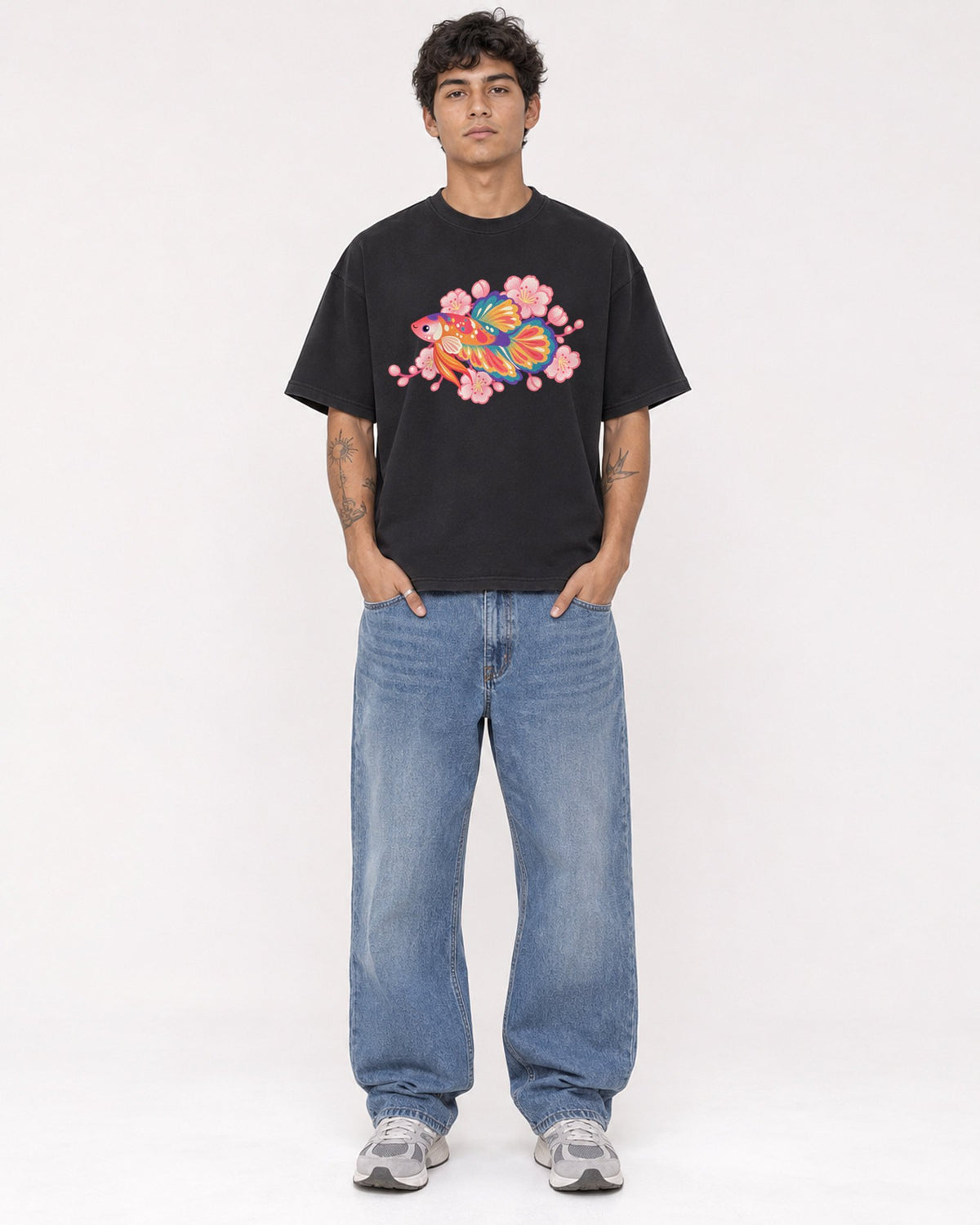 Mockup Boxy Heavyweight Tee Black male full-body 06